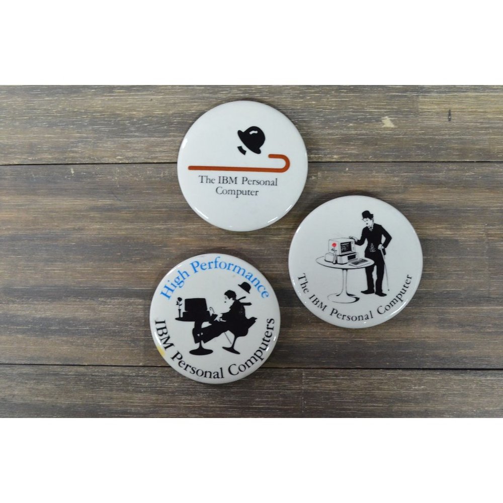 IBM Personal Computer Button Pin Lot of 3 Charlie Chaplin Bowler 1980's Vtg